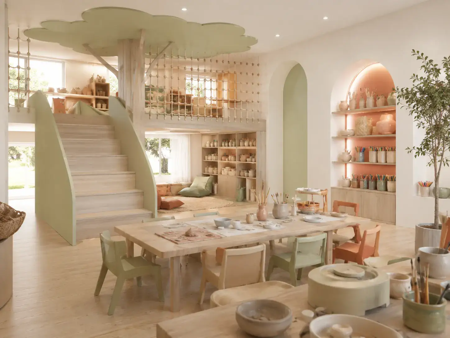 Atelier créatif CasaLoca avec tables enfants et espace lumineux